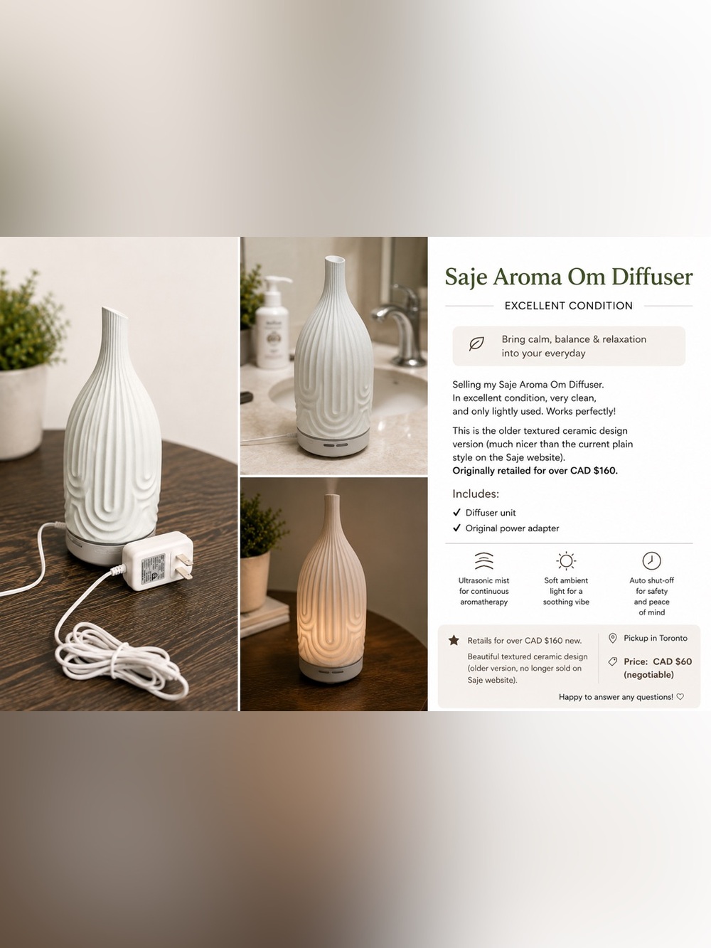 Saje Ceramic Aroma Om Diffuser in Matte Cream